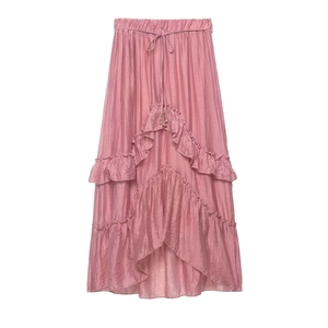 Women Pink Tiered Ruffle Skirt Elastic High Waist Drawstring Irregular Hem Maxi Skirt Flowy Polyester Casual Summer Bottoms