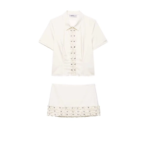 Women's Elegant Off-White Ruffled Short Sleeve Shirt And High Waist Mini Skirt Set With Rivet Decoration Summer Casual Top Bottom