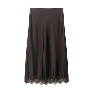 Jupe midi élégante en satin chocolat avec bordure en dentelle pour un look minimaliste