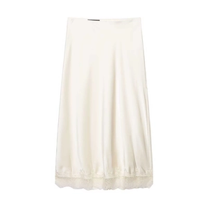 Jupe midi en satin champagne avec ourlet en dentelle et texture soie lisse