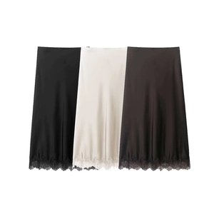 Jupe Midi Élégante en Satin pour Femmes Avec Ourlet en Dentelle Taille Haute Couleur Unie Jupe Trapèze pour Été Quotidien