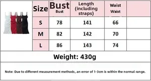 Size chart for pleated satin slip dress with bust and waist measurements in S, M, L
