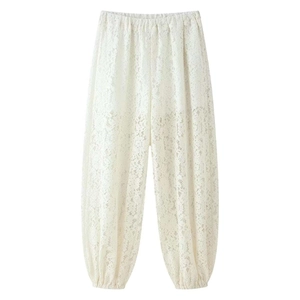 Women's Summer Elegant Hollow Out Floral Lace Lantern Pants High Waist Elastic Tapered Wide Leg Casual Vacation Trousers