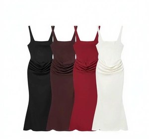 Detailed comparison of ruched bodycon slip dresses in black, coffee, burgundy and white