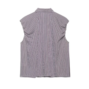 Detailed back view of a sleeveless vertical striped cotton shirt for women in deep purple