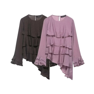 Women's ruffle chiffon blouse with long flare sleeves in dark grey and lilac colors