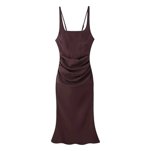 Deep chocolate silk satin slip dress with slim fit and waist pleats for summer fashion