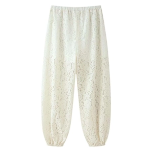 Elegant high-waisted white floral lace wide-leg lantern trousers with elastic waist and cuffs