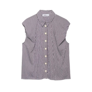 Women's sleeveless striped cotton shirt with vertical purple patterns and button-down collar