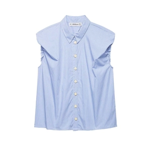 Blue and white gingham sleeveless shirt with ruffle trim and button-down collar