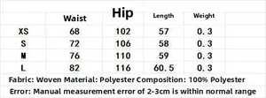Size chart table for casual midi skirt with waist and hip measurements from XS to L