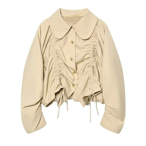 Chic apricot short jacket with large Peter Pan collar and drawstring waist detail