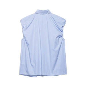 Detail view of the back collar and blue gingham check pattern on a sleeveless summer shirt