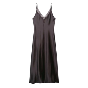 Women Sexy Lace Trim Satin Slip Dress Deep V Neck Coffee Sleeveless Backless Elegant Maxi Dress For Party Clubwear Nightwear