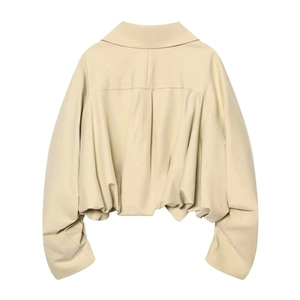 Short loose beige jacket with puff sleeves and pleated back detail for women