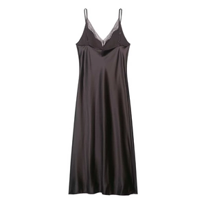 Elegant black satin slip dress with lace V-neck and delicate straps on white background