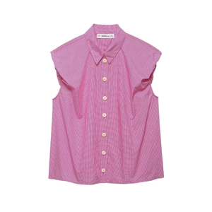 Pink and white gingham sleeveless shirt with ruffle shoulder details and classic buttons