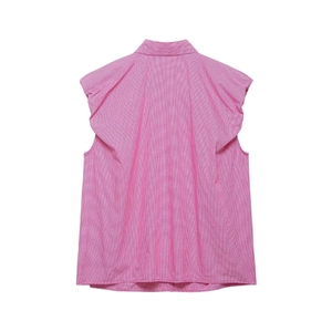Detail view of pink and white gingham checkered sleeveless top with ruffled flutter sleeves