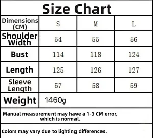 Detailed size chart in CM for the double-sided wool coat showing S, M, and L dimensions