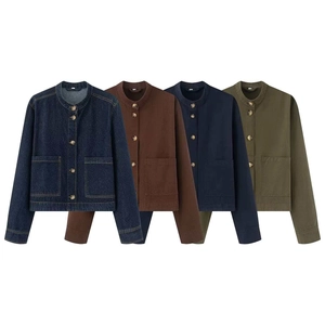Women Retro Single Breasted Denim Style Jacket Casual Long Sleeve Solid Color Crop Outerwear With Double Patch Pockets