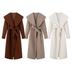 Elegant lapel wool coat with waist belt in dark brown, oatmeal, and off-white colors