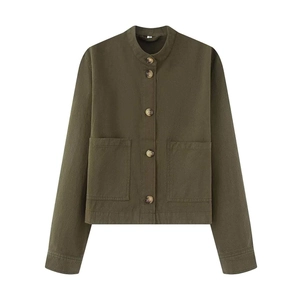 Women's army green cropped denim jacket with stand collar and large square pockets