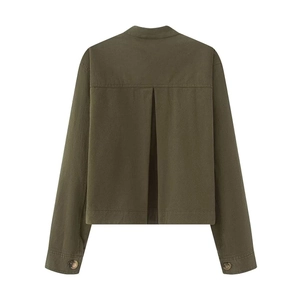 Detail of army green cropped jacket back featuring center box pleat and stiff cotton fabric