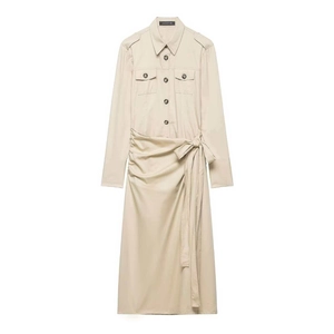 Robe Chemise Femme Élégante Kaki à Revers Manches Longues Simple Boutonnage Utility Midi Avec Lacet Froncé Vêtements Travail