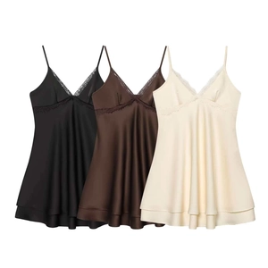 Women Sexy Satin Nightdress Lace V-Neck Sleeveless Spaghetti Strap Slip Dress Mini Nightgown Summer Sleepwear