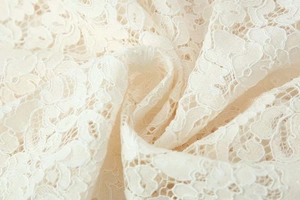 Detailed macro view of cream lace fabric featuring elegant floral crochet patterns