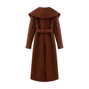 Detailed back view of women's long brown wool coat with large shawl collar and waist belt