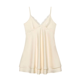 Elegant cream satin slip dress featuring V-neck lace trim and double-layered hem design
