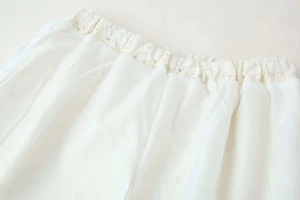 Close-up of white wide-leg trousers featuring intricate floral lace embroidery at the waist
