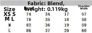Detailed size chart for vintage ruffle tie waist shirt in sizes XS to L with measurements