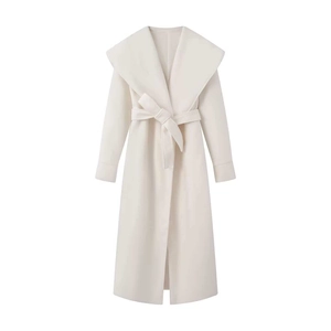 Elegant ivory wool blend long coat with wide lapels and waist tie for autumn and winter