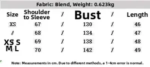 Size chart showing fabric details and dimensions for the cropped bomber jacket