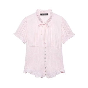 Pink striped short sleeve shirt with ruffled collar, bow tie, and smocked waist design