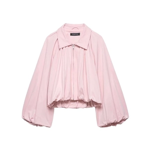 Pink cropped puff sleeve bomber jacket with a full front zipper and ribbed hem details