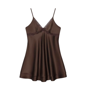 Elegant chocolate satin slip nightgown with V-neck lace trim and delicate spaghetti straps