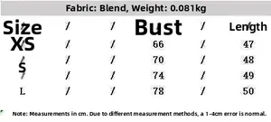 Size chart for lace satin camisole top showing measurements from XS to L