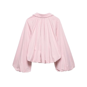 Pink oversized bomber jacket with pleated back and lantern sleeves for women