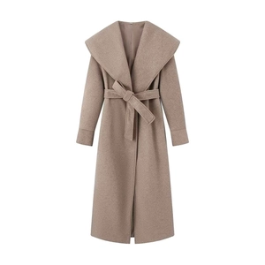 Elegant camel double-faced wool coat with oversized shawl collar and belted waist detail