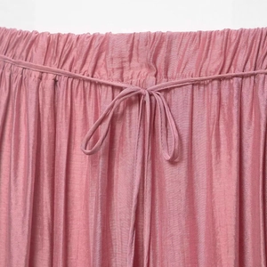 Elegant dusty pink ruffled satin midi skirt with elastic drawstring waist for women