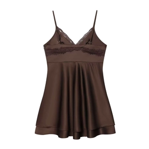 Detail of dark brown satin nightdress showing V-neck lace trim and silky fabric texture