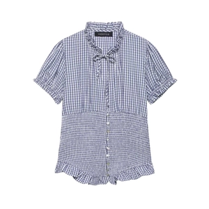 Women's blue gingham short sleeve shirt with ruffled collar and smocked waist detail