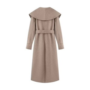 Back view of wool coat with oversized lapel collar and matching fabric waist belt