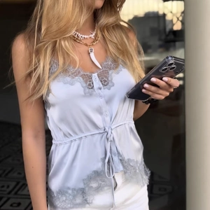 Women's Sexy Satin Camisole V-Neck Lace Trim Drawstring Waist Slim Fit Sleeveless Summer Tank Top