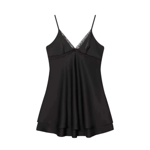 Satin sleepwear dress with deep V-neck and lace trim details in black color