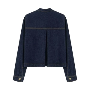 Back view of a dark blue denim jacket featuring a classic box pleat and metal cuff buttons