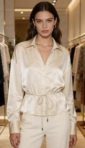 Details der champagnerfarbenen Seidenbluse mit Gürtel und elegantem V-Ausschnitt
